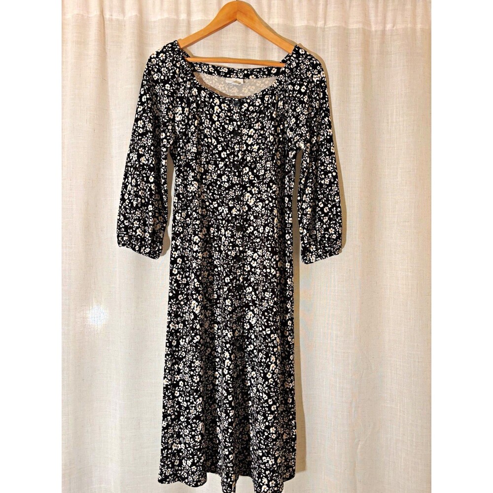J. Jill Black/White Floral A-Line Knit Midi Dress Stretch Scoop Neck, Size S
